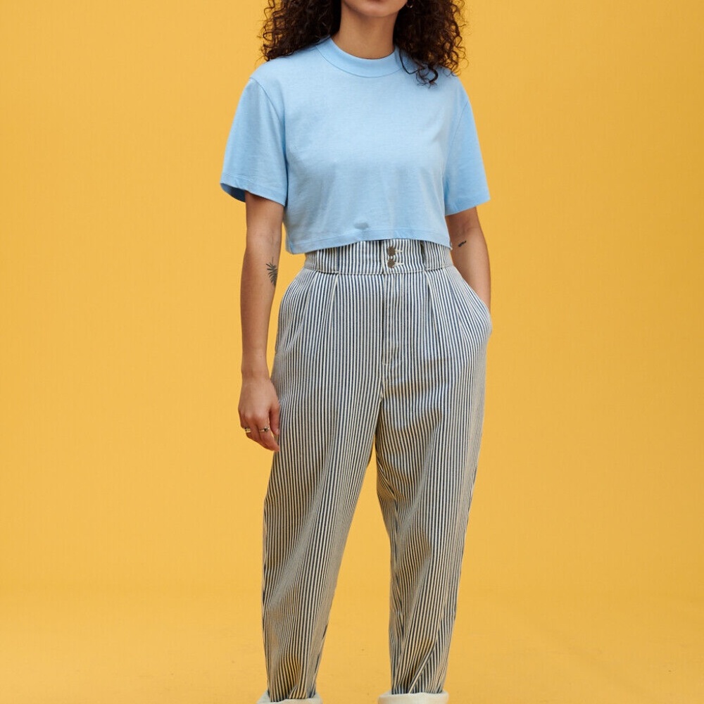 Lucy & Yak Addison High Waisted Trousers - Blue Stripe  - W30/L30